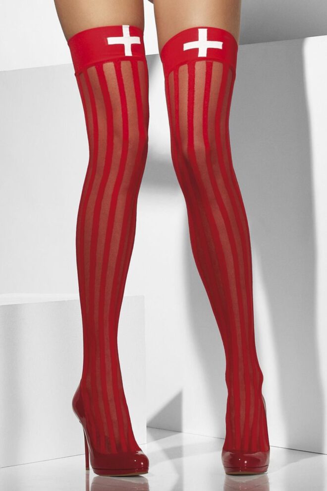 Sheer Hold-Ups, Red with Vertical Stripes and Cross print