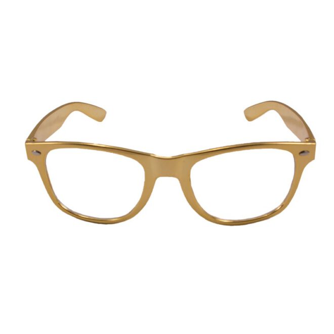 Metallic gouden bril met Blues Brothers model en transparante glazen