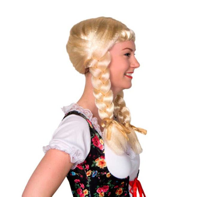 Blonde Heidi pruik met twee vlechten en een pony, perfect voor een Tiroler-kostuum - zijaanzicht