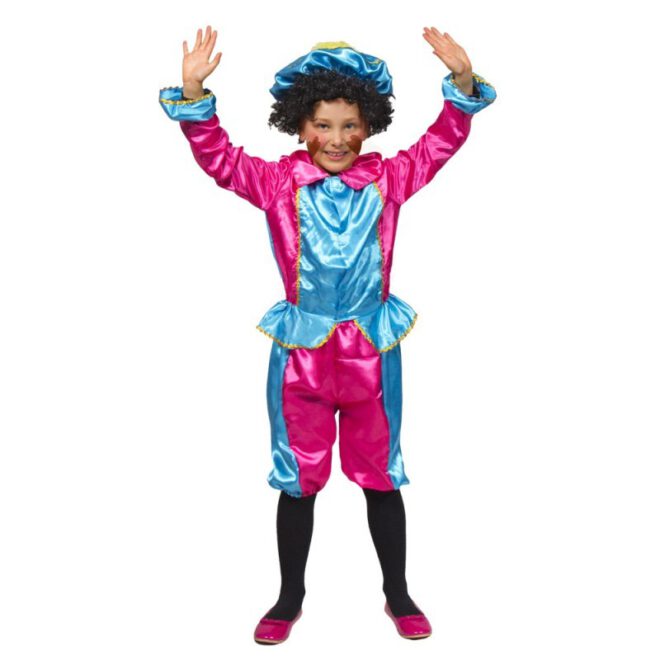 Roze met turquoise pietenkostuum voor kinderen bestaande uit een jasje, broek en een baret met veer.