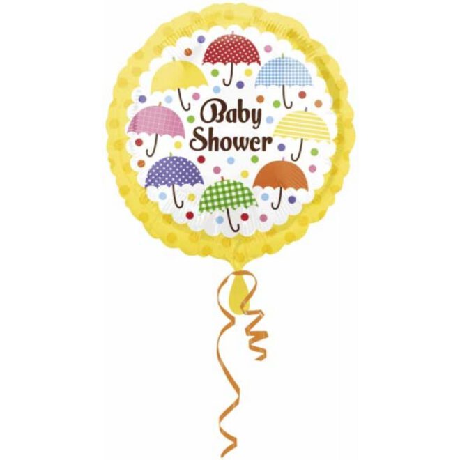 Neutrale babyshower folieballon van 43 centimeter groot en met een bedrukking van paraplu's in vrolijke kleuren