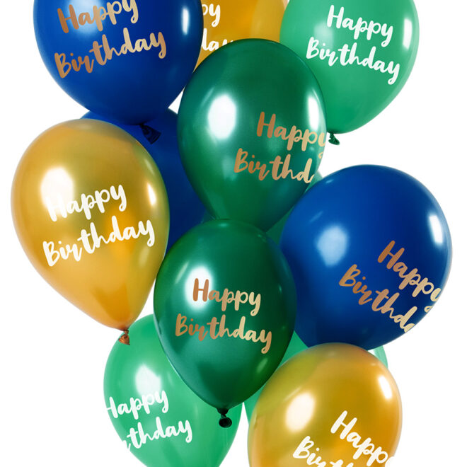 Ballonnen groen/goud/blauw - Happy Birthday