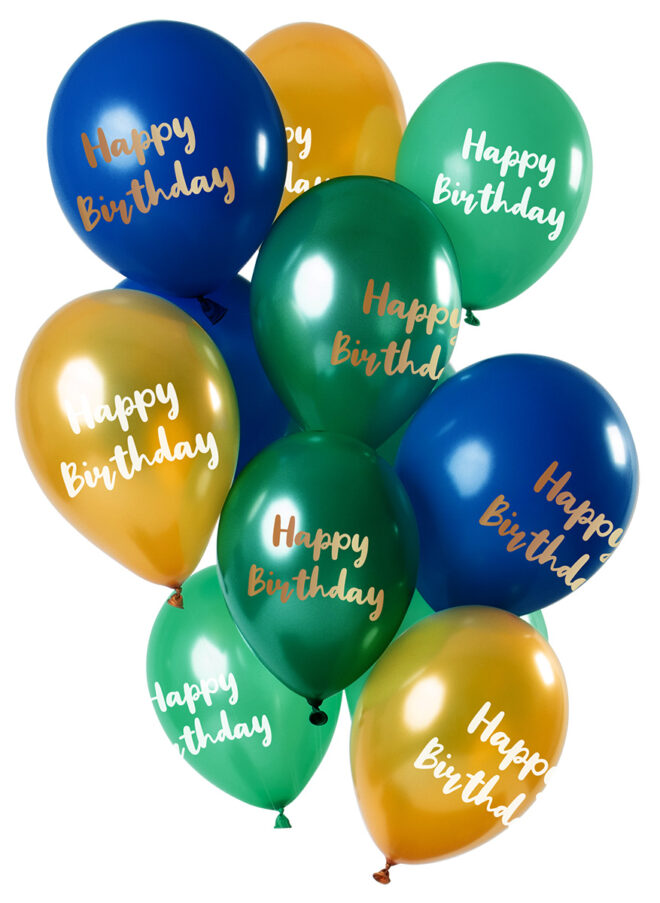 Ballonnen groen/goud/blauw - Happy Birthday