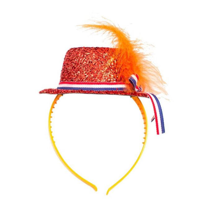 Oranje mini-hoedje tiara met een oranje veer en rood-wit-blauw lint
