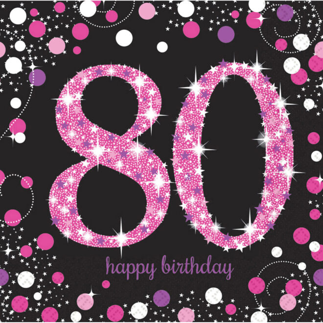 Roze sparkling servetten 80 jaar - 16 stuks