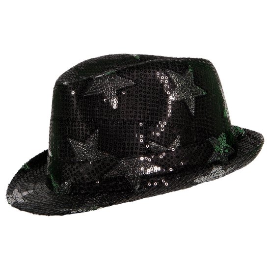Zwarte trilby hoed met pailletten en sterren