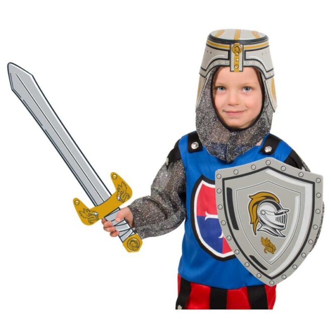 Maak je ridderkostuum compleet met het zwaard, het schild en de helm