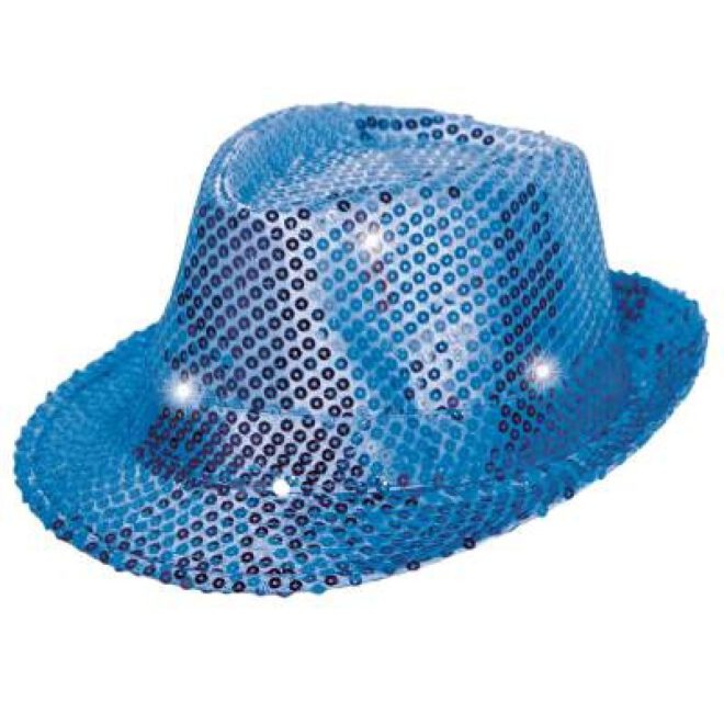 Metallic blauwe hoed met LED-verlichting en pailletten