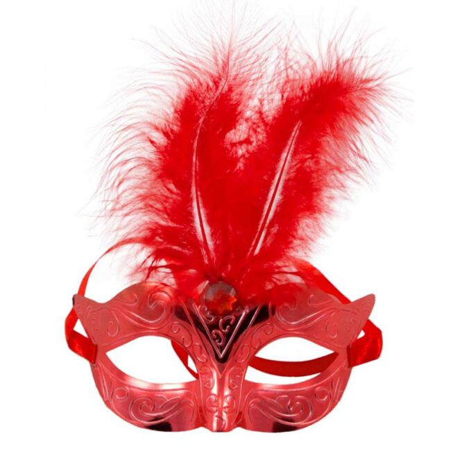 Metallic rood Venetiaans oogmasker met twee rode veren en een rode diamant.