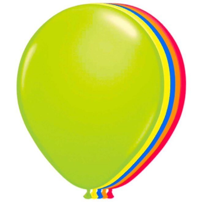 Tien latex neon ballonnen (soms ook UV-ballonnen genoemd) die oplichten onder blacklight met een formaat van 30 centimeter (11 inch) groot.