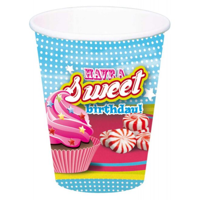 Cake & Ice-cream wegwerpbekers met daarop de tekst 'Have a sweet birthday!' en bewegende 3D-plaatjes van cupcakes en zoetigheid.