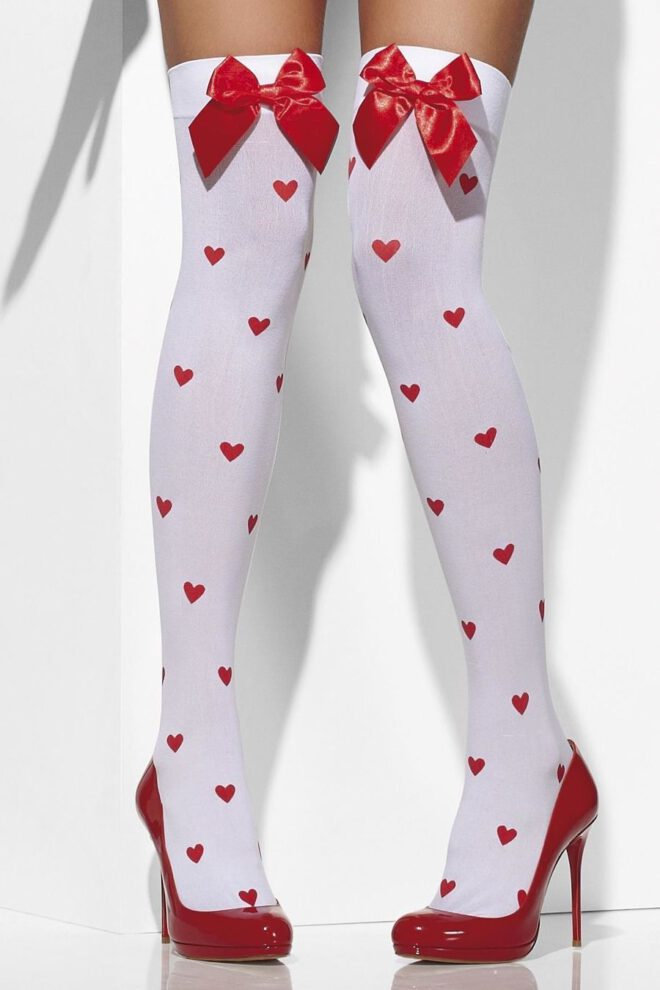 Opaque Hold-Ups, White, with Red Bows and Heart Print
