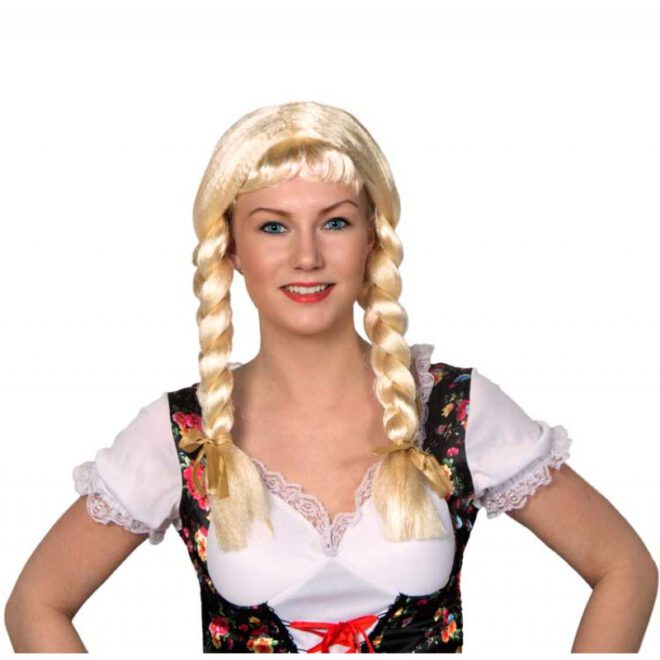 Blonde Heidi pruik met twee vlechten en een pony, perfect voor een Tiroler-outfit