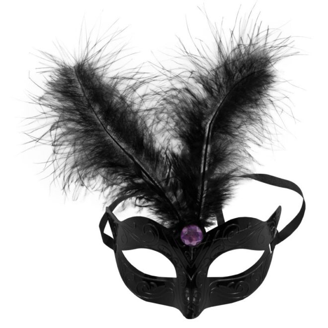 Metallic zwart Venetiaans oogmasker met zwarte veren en een zwart diamantje (niet paars zoals op de foto)