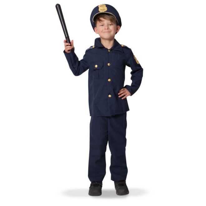 Politiepak voor kinderen bestaande uit een politiebroek, een blauwe jas en een politiepet.
