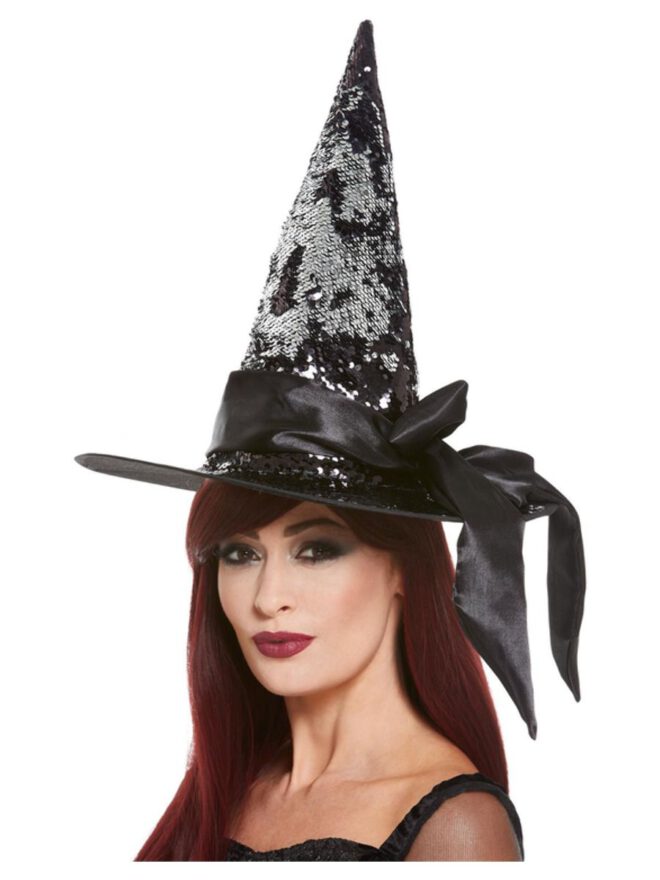 Heksenhoed luxe met pailletten en strik - Zwart & Zilver (Reversible Sequin Witch Hat)