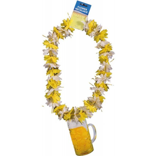 Bier-Hawaïkrans met gele en witte bloemen en aan het eind een bierpul.