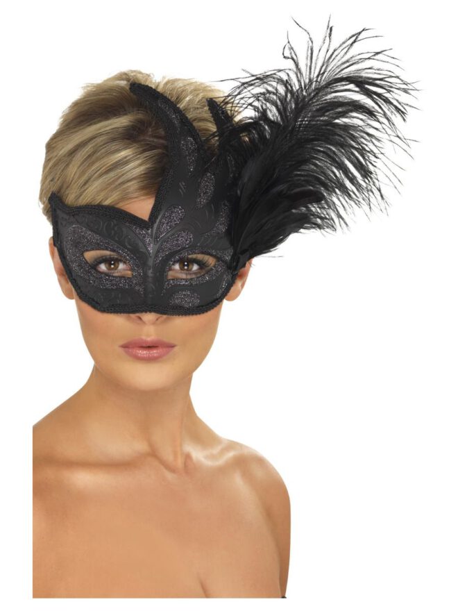 Venetiaans masker Ornate Colombina met veren, Zwart