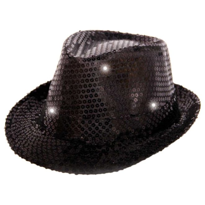 Metallic zwarte trilby hoed met LED-lampjes en pailletten