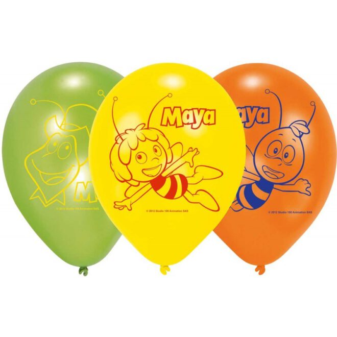 Maya de Bij latexballonnen in de kleuren groen, geel en oranje en een opdruk van figuren bekend van Maya de Bij!