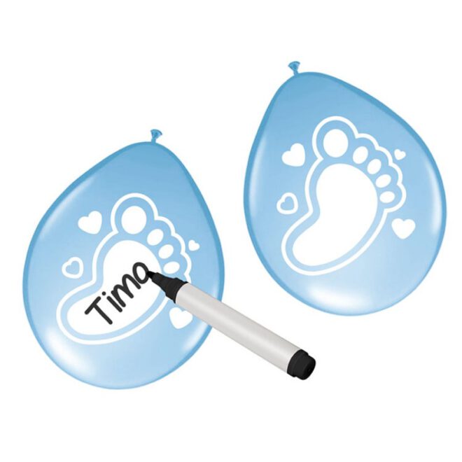 Beschrijfbare babyblauwe ballonnen met wit vlakje in vorm van een voetje om op te schrijven