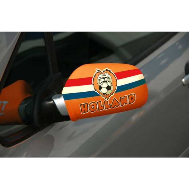 Oranje spiegelhoezen met daarop een leeuw, voetbal en de nederlandse vlag