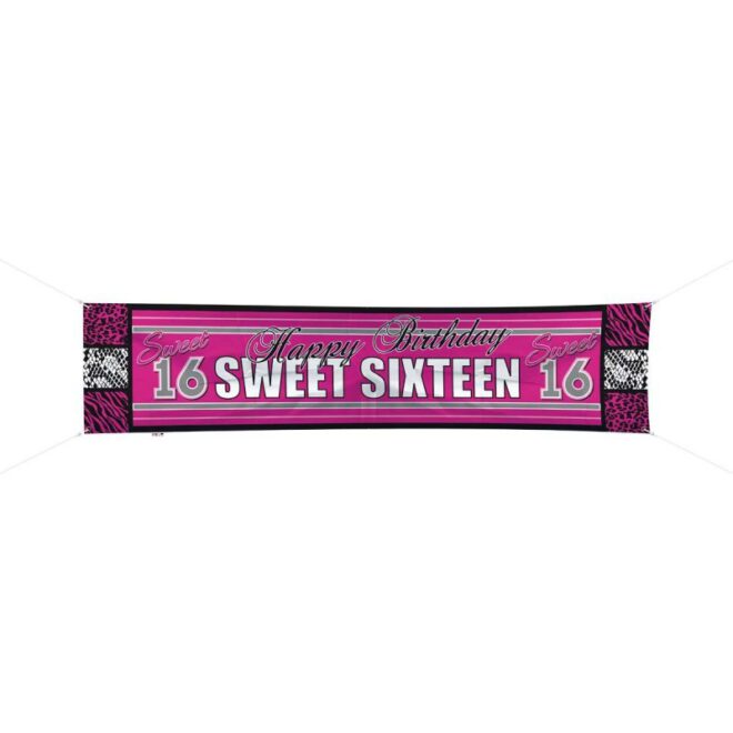 Roze Sweet 16 spandoek met daarop de teksten 'Happy Birthday Sweet Sixteen' en tweemaal 'Sweet 16' (180 cm breed en 40 cm hoog)