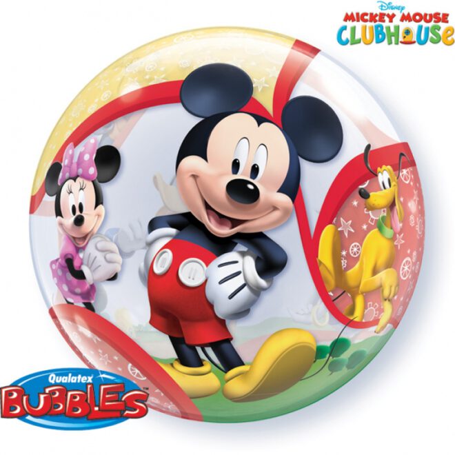 Bubble heliumballon met daarop Mickey Mouse, Minnie Mouse en Pluto aan de ene zijde.