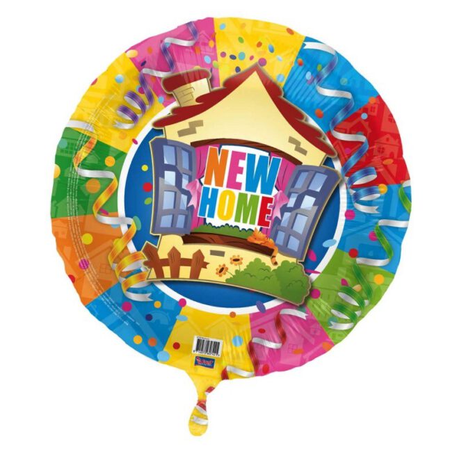 'New home' folieballon met felle kleuren en een huis erop, perfect voor iemand die is verhuisd!