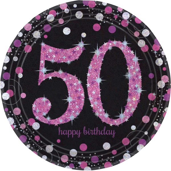 Roze sparkling borden 50 jaar (23cm) - 8 stuks
