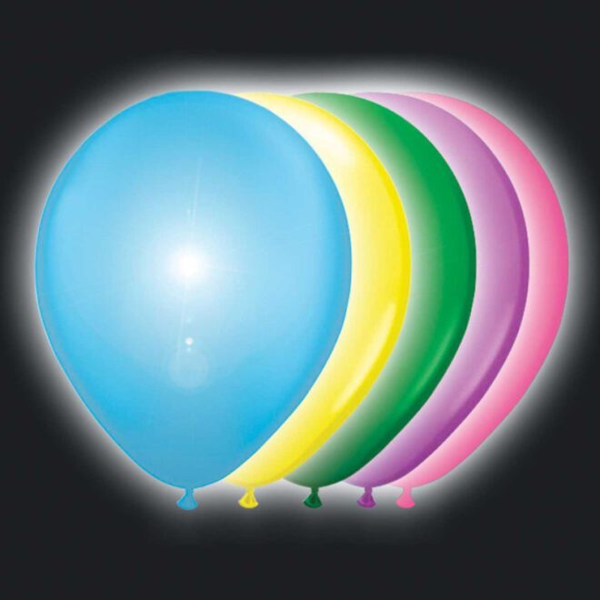 Lichtgevende latexballonnen met LED-verlichting in verschillende kleuren en een formaat van 30 centimeter (11 inch) groot.