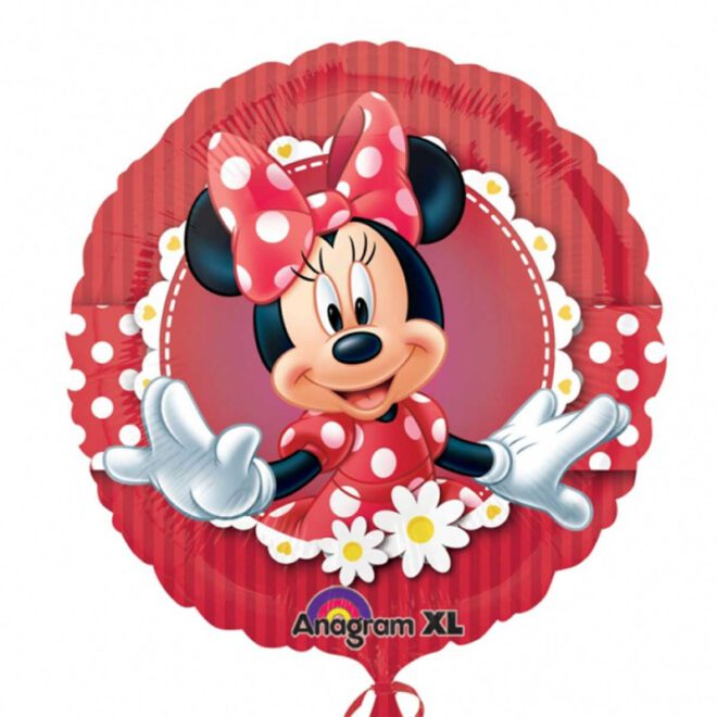 Rode, ronde folieballon met daarop Minnie Mouse (46 cm)