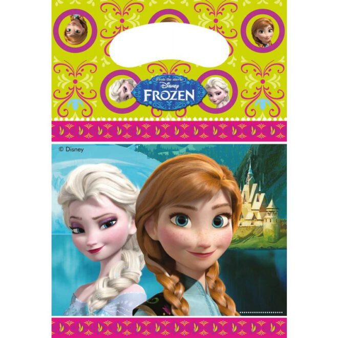 Plastic Frozen feestzakjes met daarop Anna en Elsa van 23 centimeter hoog en 16 centimeter breed.