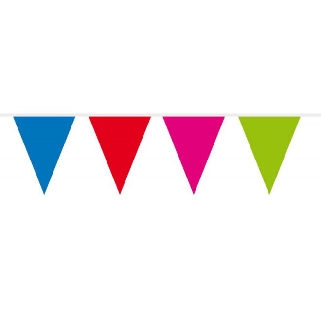 Kleurrijke, plastic mini vlaggenlijn met vlaggetjes in de vrolijke kleuren blauw, rood, roze, groen, paars, oranje en geel.