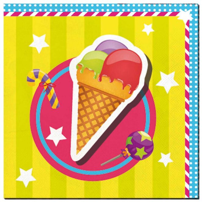 Papieren Cake & Ice-cream servetten met vrolijke kleuren en lekkernijen erop (33x33 cm)