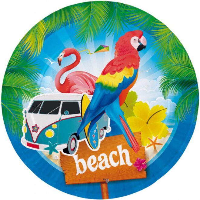 Zomers bord met daarop een hippie-busje, flamingo, papegaai en het strand.