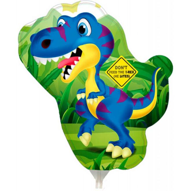 Mini-shape folieballon van een schattige blauw-gele tyrannosaurus rex