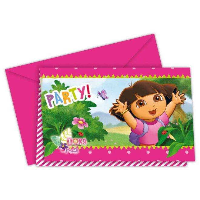 Feestelijke Dora the Explorer uitnodigingen voor een kinderfeestje met daarop Dora en de tekst 'Party' (inclusief enveloppen).