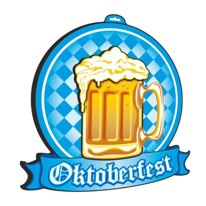 Blauw-wit, plastic Oktoberfest 3D huldeschild met daarop een groot, schuimend biertje en de tekst 'Oktoberfest'