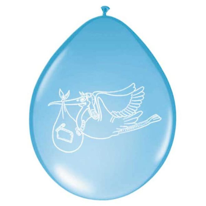 Blauwe ballonnen met een ooievaar erop voor de babyshower van een jongetje