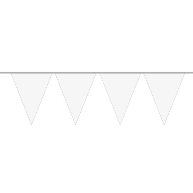 Mini vlaggenlijn met witte vlaggetjes van 12 centimeter hoog. Deze slinger is 3 meter lang.