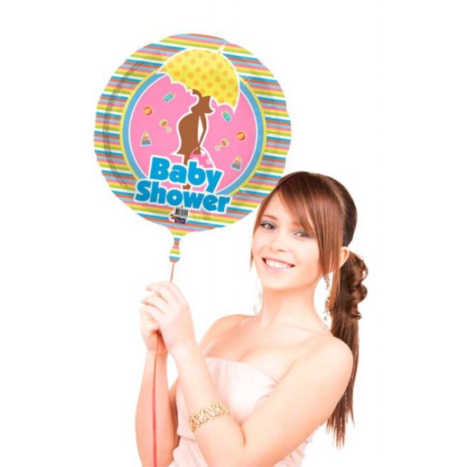 Babyshower folieballon met vrolijke kleuren en daarop een zwangere vrouw onder een paraplu