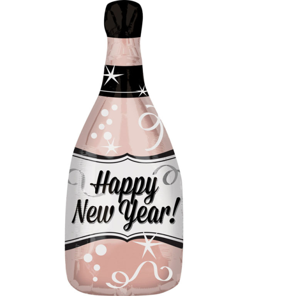 Happy New Year champagne fles folieballon roségoud (66cm)