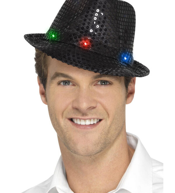 Trilby hoed paillet met LED - Zwart