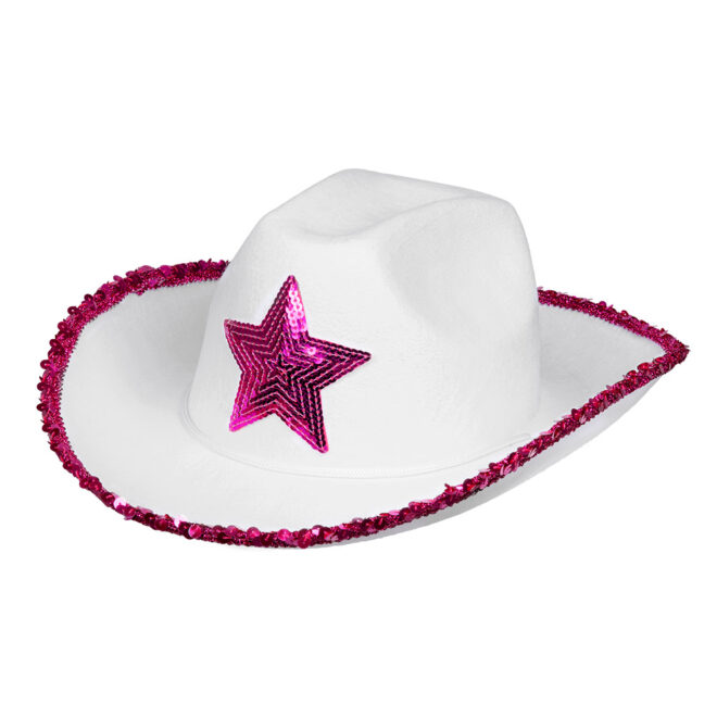 Witte cowboyhoed met roze paillettenrand en ster