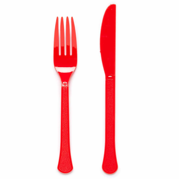 Plastic messen en vorken rood - 24 stuks
