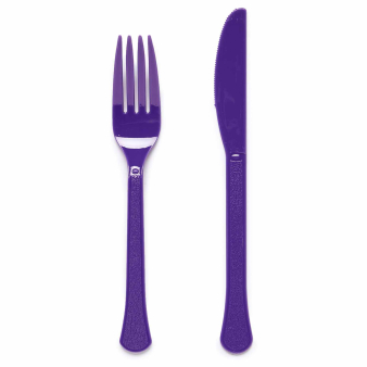 Plastic messen en vorken paars - 24 stuks