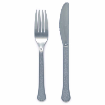 Plastic messen en vorken zilver - 24 stuks