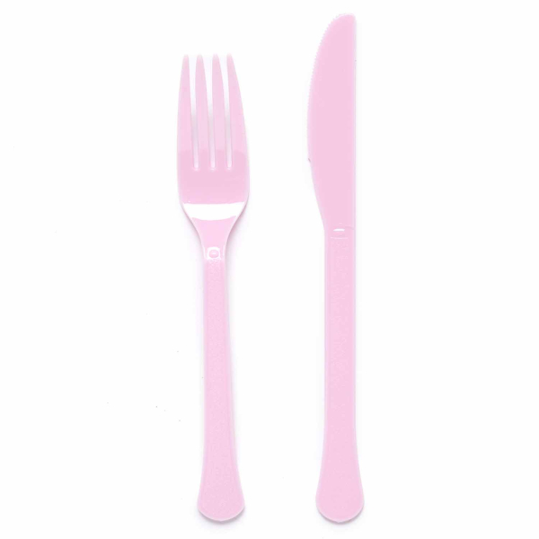 Plastic messen en vorken zacht roze - 24 stuks